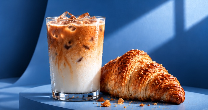 Iced coffee and a golden croissant in warm sunlight against the KACHAi blue backdrop.